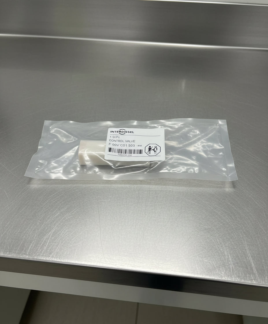 Control valve for injectors packaged in plastic, with a label showing the brand and product details.