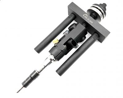 Mechanical device with a cylindrical component and a smaller rod on a white background