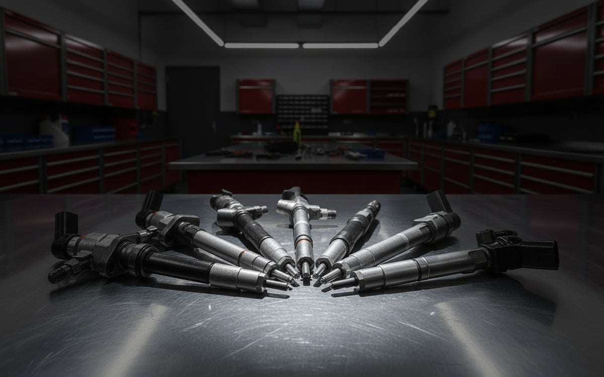 Set of metallic injectors on a light gray background
