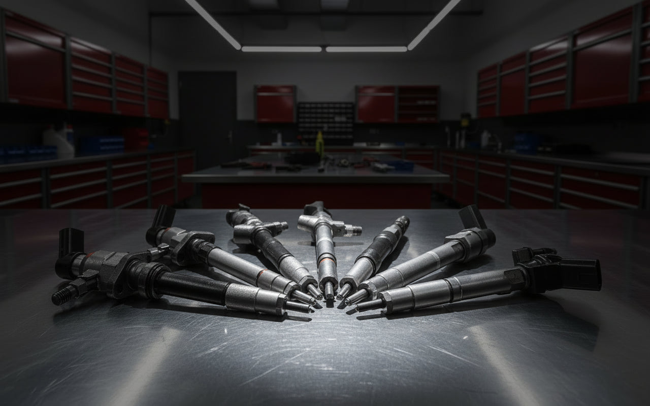 Set of metallic injectors on a light gray background